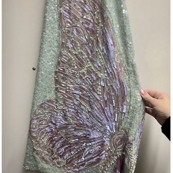 ASOS Design Blue Green Butterfly Pearl Sequin Beaded Halter Mini Dress Size 10 - Picture 6 of 9